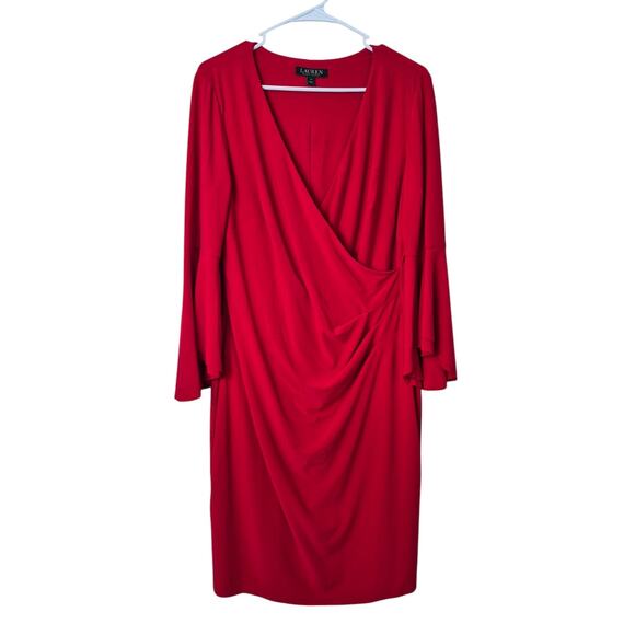 Lauren Ralph Lauren Dress Sz 14 Red Holiday Christmas Cocktail Ruched Faux Wrap - Picture 1 of 9